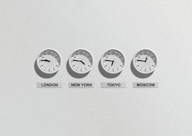 Images of bank of clocks telling time in major world cities