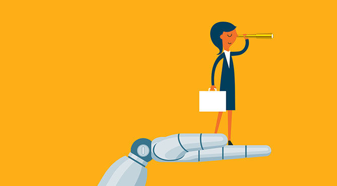Business woman stands on robot hand