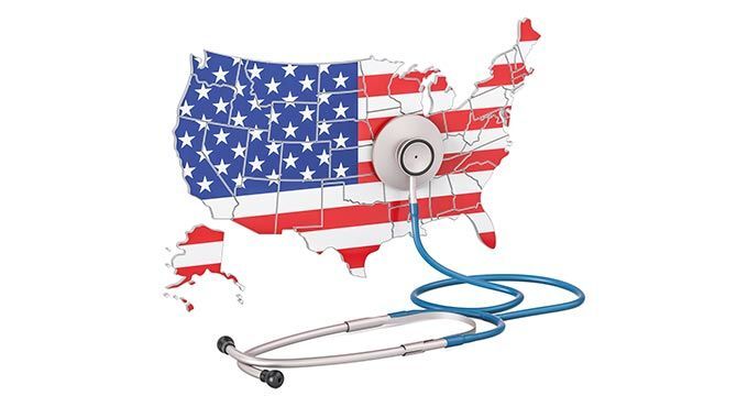 A graphic showing a map of the US with the US flag, plus stethoscope