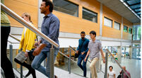 Diverse group of students climb stairs in modern university