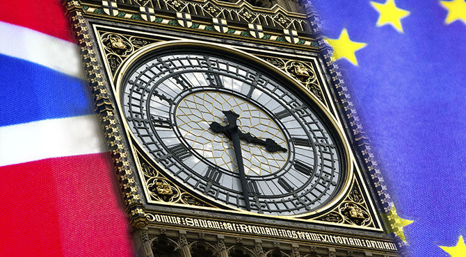 Big Ben, UK and EU flags