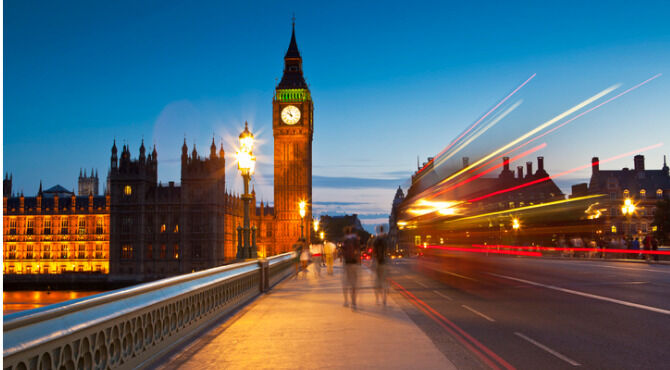 Chrome blue sky over the iconic Big Ben (1834) and Westminster bridge in the heart of london.