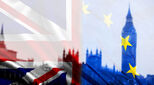 Photo of the UK Houses of Parliament with Union Jack and EU flags superimposed over