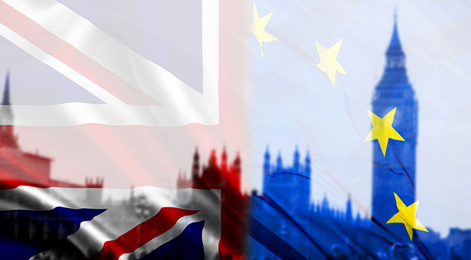 Photo of the UK Houses of Parliament with Union Jack and EU flags superimposed over