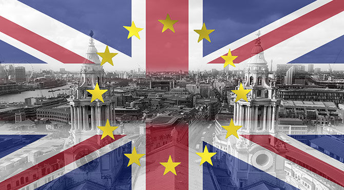 UK union jack and EU flag superimposed on an image of St Pauls