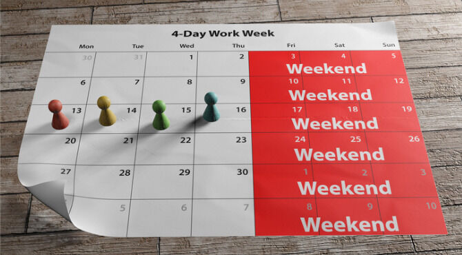 A long weekend calendar to illustrate the concept of four-day work week introduced by the UK and European companies