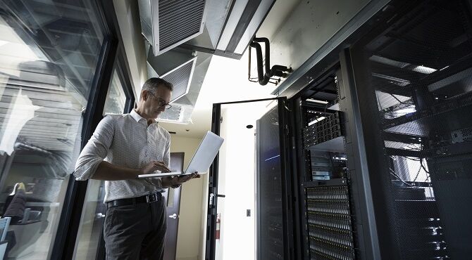 Engineer working on a server system