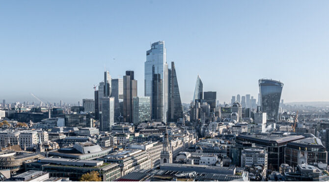 Clear Sky wide view of The City Looking East from St Pauls Cathedral