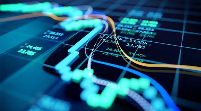 close up shot of a digital stock market tracking graph follwing a recent crash in prices