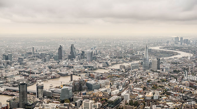 Clouds hanging over the financial district of London