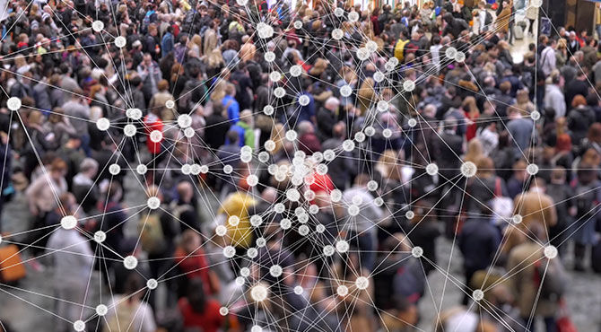 Coronavirus graphic over a picture of a crowd