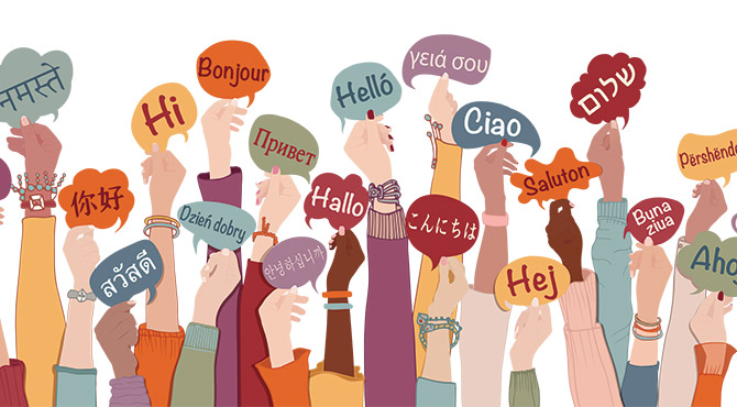 Illustration of a diverse group of people speaking in different languages