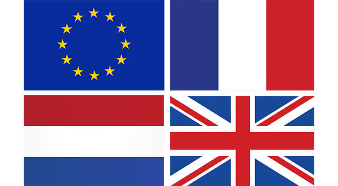 EU agencies moving to Paris and Amsterdam; image of Dutch, UK, French and EU flag