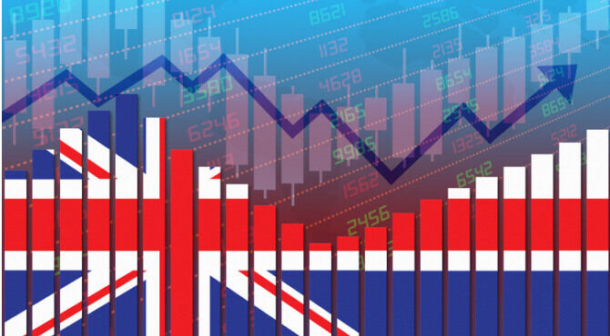 Graphic of UK flag with graphs