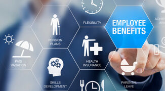 Employee benefits compensation package with health insurance, paid vacation, pension plans, parental leave, perks and bonuses. Payroll reward management and social security. Human resources concept.