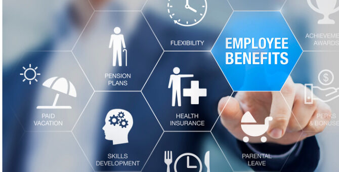 Employee benefits compensation package with health insurance, paid vacation, pension plans, parental leave, perks and bonuses. Payroll reward management and social security. Human resources concept.