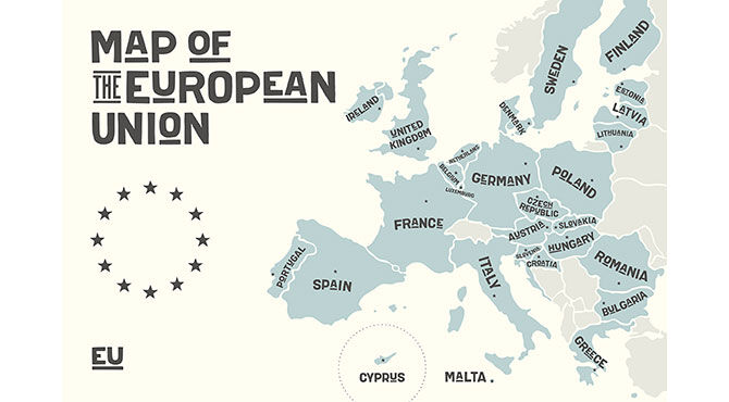 Map of the European Union 2017 before the UK leaves as a result of the Brexit referendum