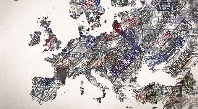 Map of Europe and UK illustrated using visa stamps