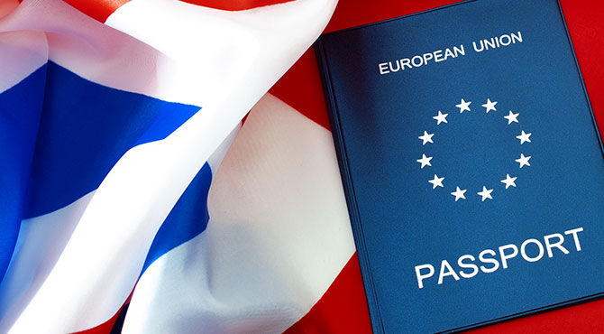 EU passport on Union Jack flag