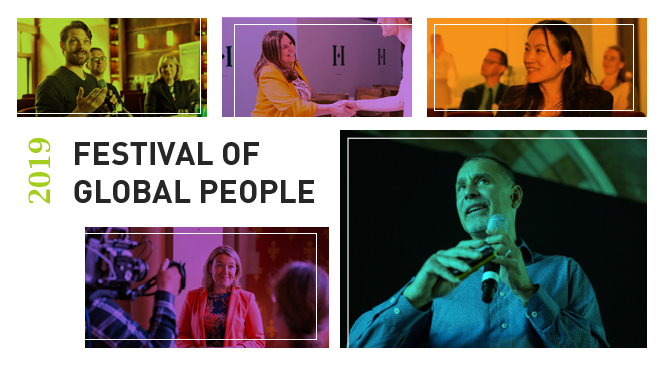 Festival of Global People banner with images of speakers, panelists and delegates