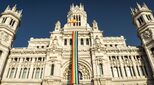 Madrid gay pride rainbow banner on building