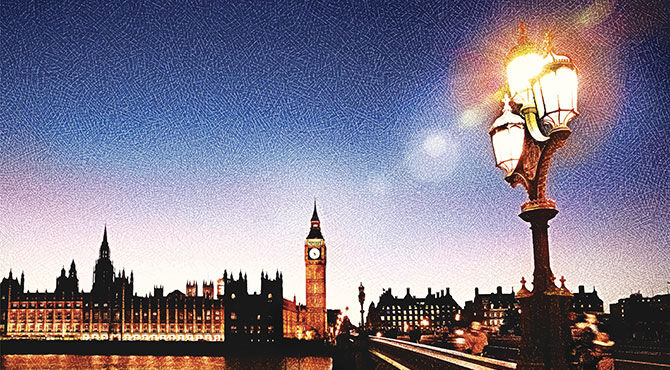 A photo illustration of the UK Houses of Parliament in evening light