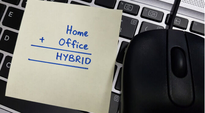 Hybrid working model due to covid-19 pandemic. Work from home or remote or in-office. A sticky pad with the words Home, Office and Hybrid written on it