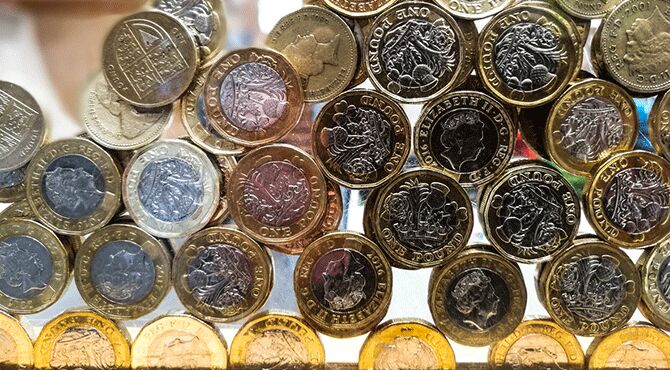 Pound coins piled up