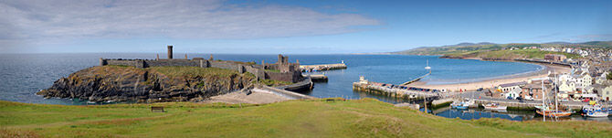 Panaramic view over Peel castle and town, Isle of Man, British Isles