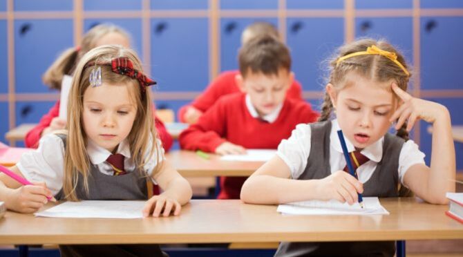 School children in exam