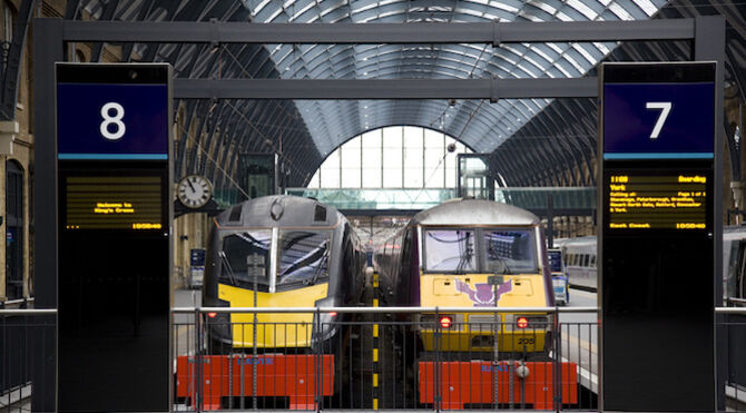 Two northbound trains at buffers at Kings Cross Station London