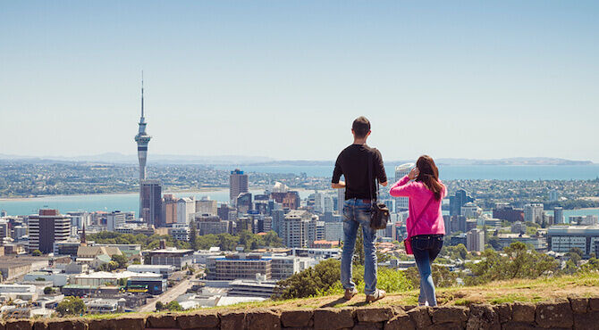 Auckland skyline on sunny day shared by a couple