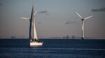Сopenhagen, Denmark - December 26, 2014: Øresund is the sound separating the danish island of Zealand from Sweden. A substantial number of windmills are erected in the sound.