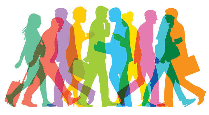 Colourful business people walking