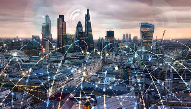 London with technical connectedness illustration over the skyline