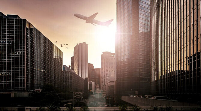 Aeroplane flying over Osaka, Japan