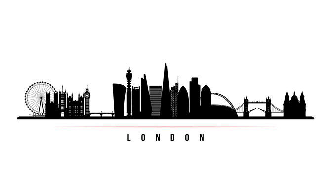 London skyline illustration black ink on white backfground