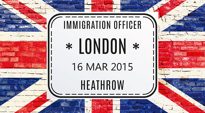 Union Jack flag with a Heathrow Airport immigration official stamp superimposed upon it