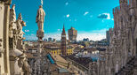 Panoramic view of the skyline of the city seen from the terraces of Milan Cathedral