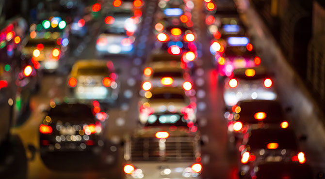 Motorway traffic in gridlock at night time