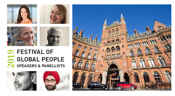 Image featuring six speakers for the Festival of Global People and the St Pancras Hotel