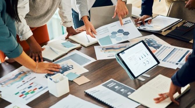 Business people, teamwork, graphs stock image