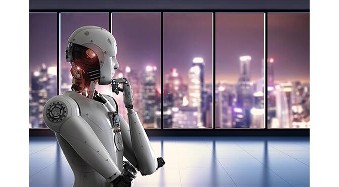 Robot in thinking pose with cityscape in the background