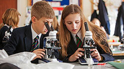 A young man and a young woman peer through microscopes in class at Sevenoaks School, Kent