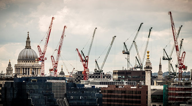St Paul's Cathedral, London, with building cranes in the skyline