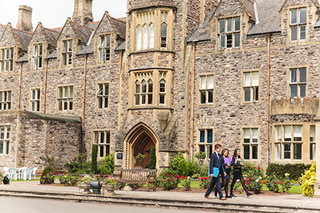 Taunton School building with schoolchildren walking