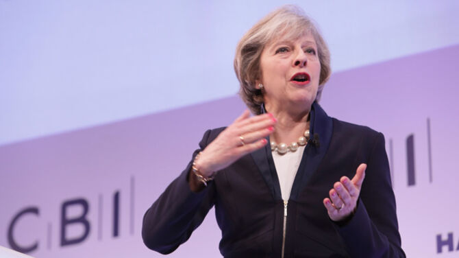 Theresa May, in a photo from the CBI conference, illustrates a 17 Jan 2016 article about Brexit