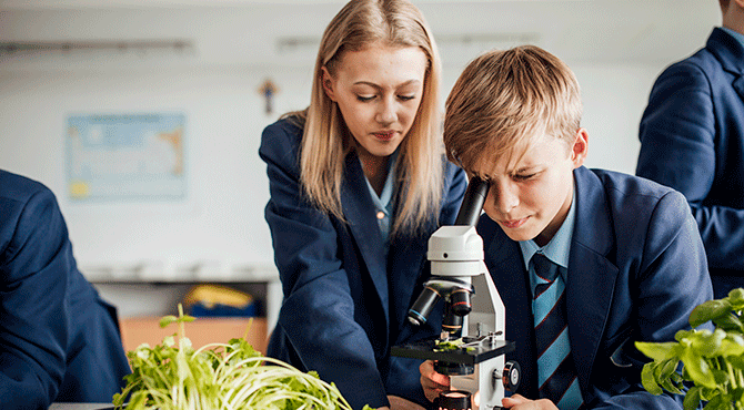 Students look into microscope