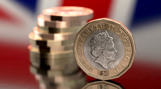 Union Jack behind pound coins