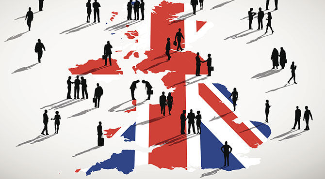 Graphic of a UK flag with illustrated people in front of it